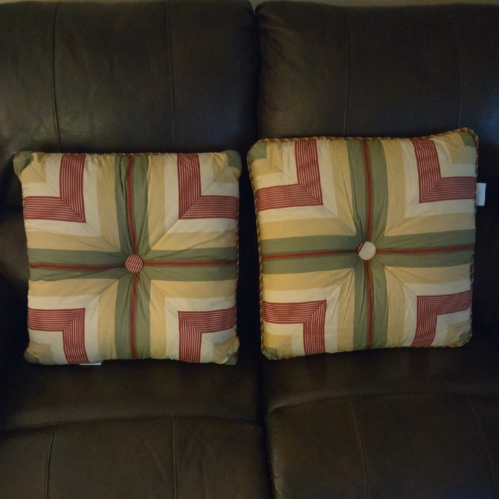 Waverly Striped Accent Pillow Set Of 2 Red Green Gold Stripe Solid 20x20" New